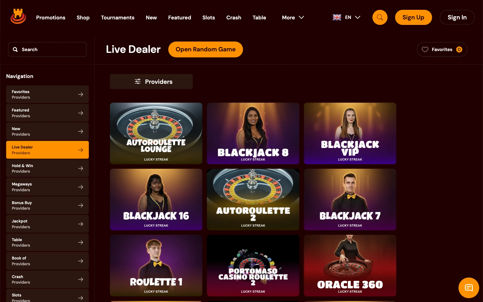 Spins Castle live dealer lobby with roulette and blackjack tables