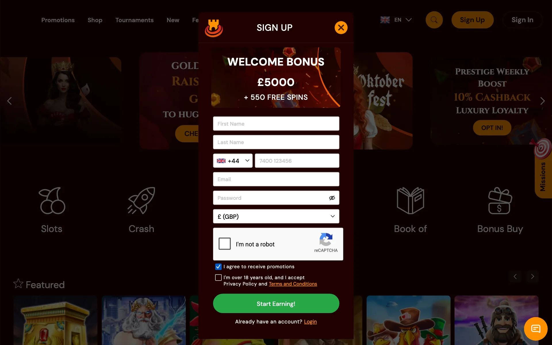 Spins Castle sign-up window showing £5000 + 550 free spins